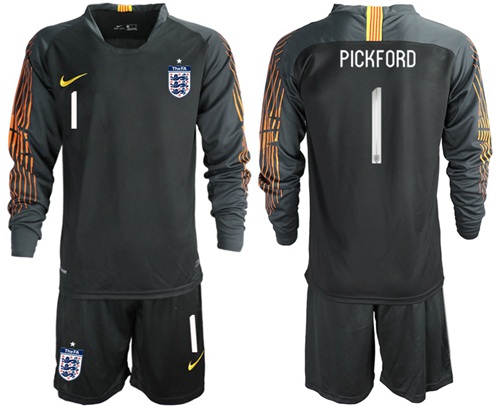 England #1 Pickford Black Long Sleeves Goalkeeper Soccer Country Jersey